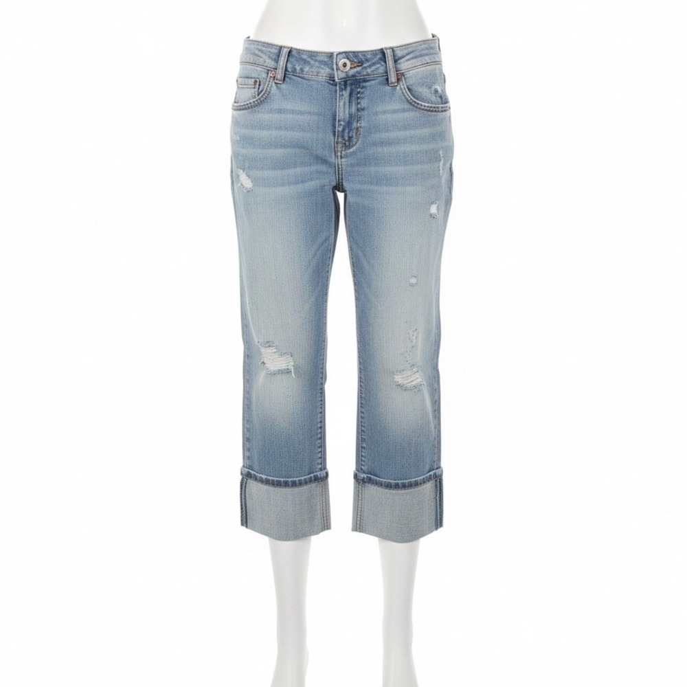 American Eagle Hipster Jeans Women 6 Blue Distressed Denim Cropped Cuffed Casual